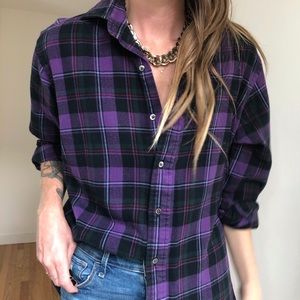 Purple and black flannel button up shirt